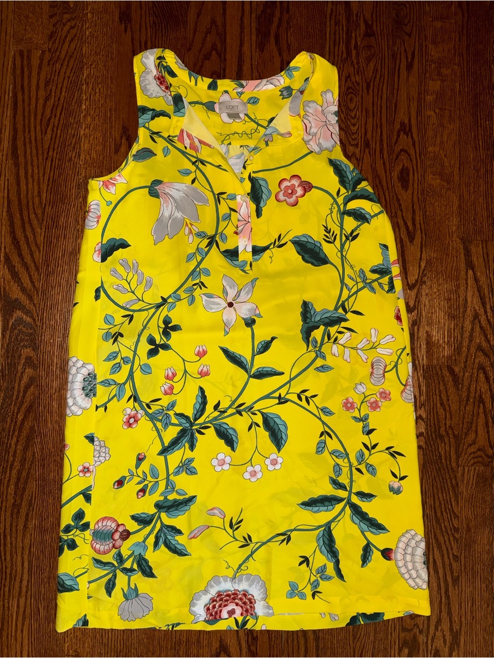 LOFT Yellow Floral Shift Dress with Pink and Green Accents